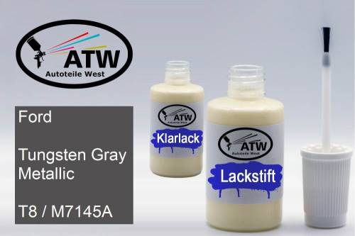 Ford, Tungsten Gray Metallic, T8 / M7145A: 20ml Lackstift + 20ml Klarlack - Set, von ATW Autoteile West.